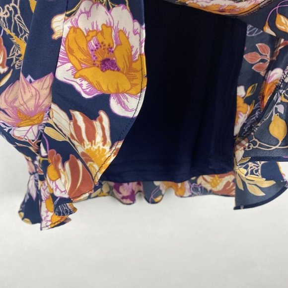 Lulus Aura Floral Ruffle Hem Satin Mini Skirt Navy Blue Womens Size Small - Picture 5 of 6